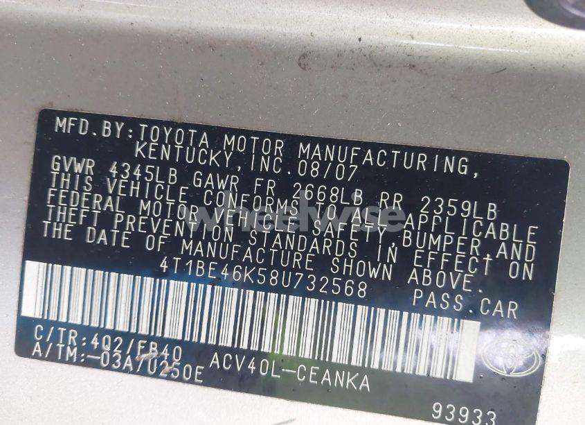 Photo 9 of 2008 Toyota Camry (VIN 4T1BE46K58U732568)