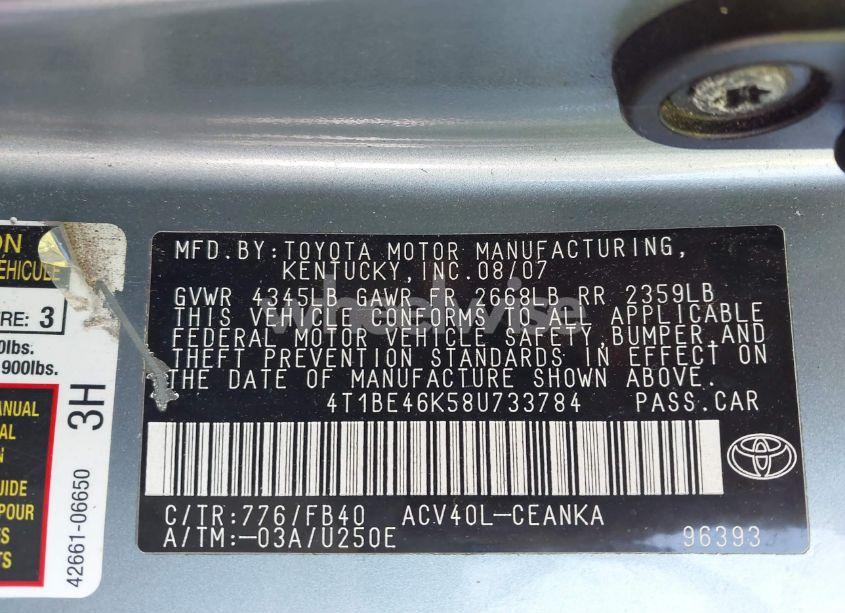 Photo 9 of 2008 Toyota Camry LE (VIN 4T1BE46K58U733784)