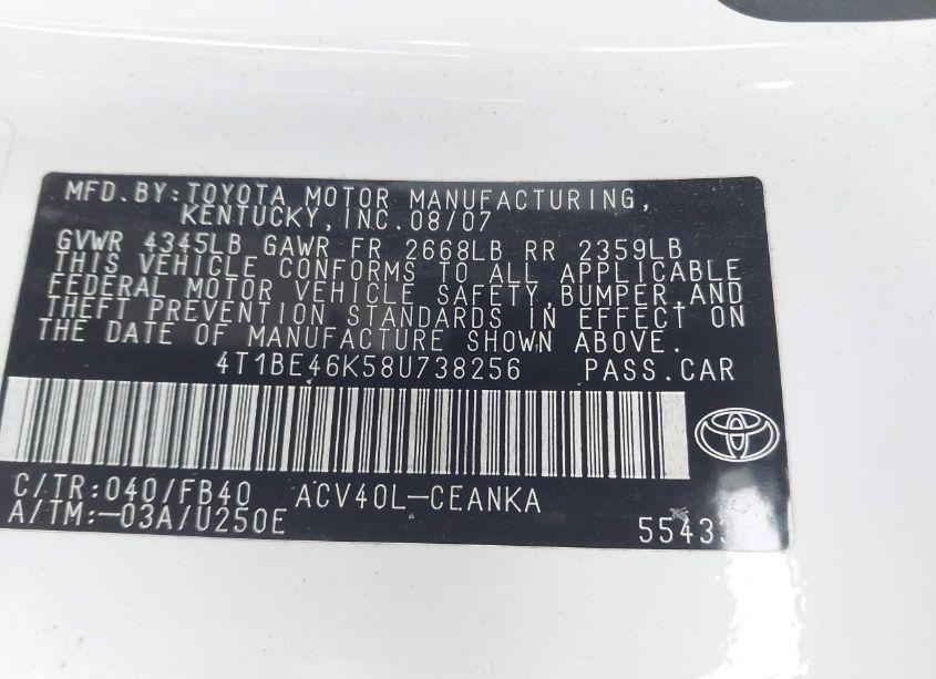 Photo 9 of 2008 Toyota Camry LE (VIN 4T1BE46K58U738256)