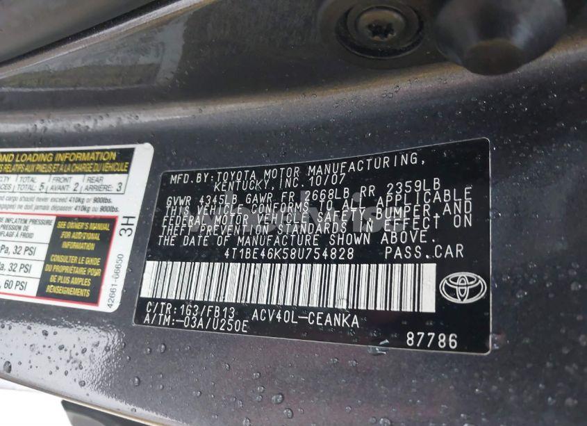 Photo 9 of 2008 Toyota Camry LE (VIN 4T1BE46K58U754828)