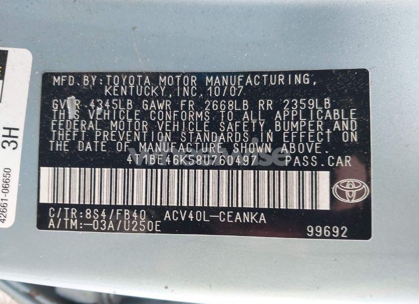 Photo 9 of 2008 Toyota Camry LE (VIN 4T1BE46K58U760497)