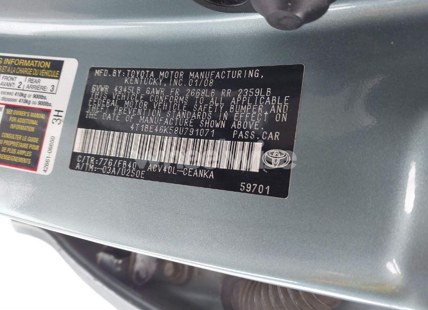 Photo 8 of 2008 Toyota Camry LE (VIN 4T1BE46K58U791071)