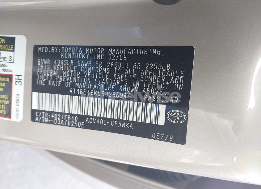 Photo 9 of 2009 Toyota Camry LE (VIN 4T1BE46K59U266948)