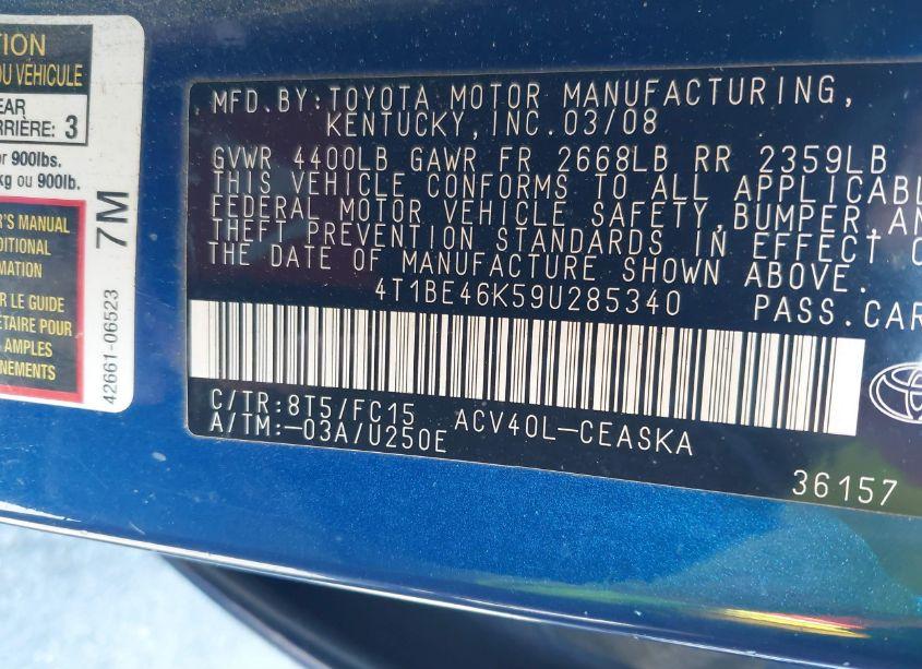 Photo 9 of 2009 Toyota Camry SE (VIN 4T1BE46K59U285340)
