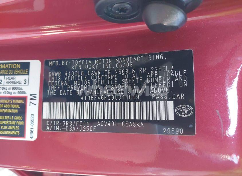 Photo 9 of 2009 Toyota Camry SE (VIN 4T1BE46K59U311869)