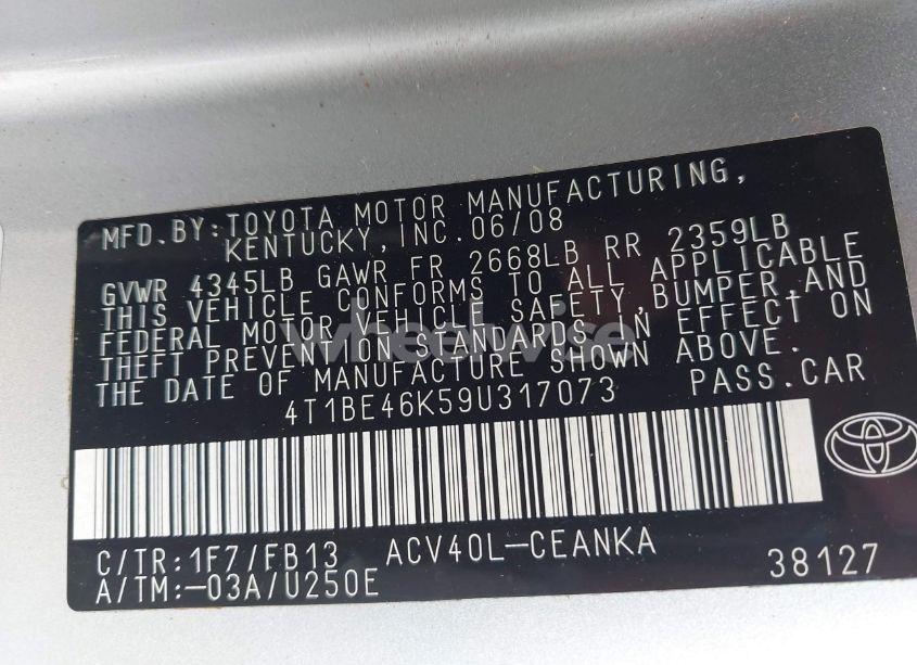 Photo 9 of 2009 Toyota Camry LE (VIN 4T1BE46K59U317073)