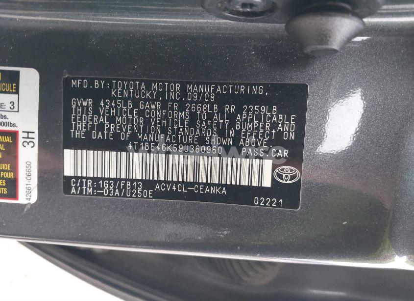 Photo 9 of 2009 Toyota Camry LE (VIN 4T1BE46K59U360960)