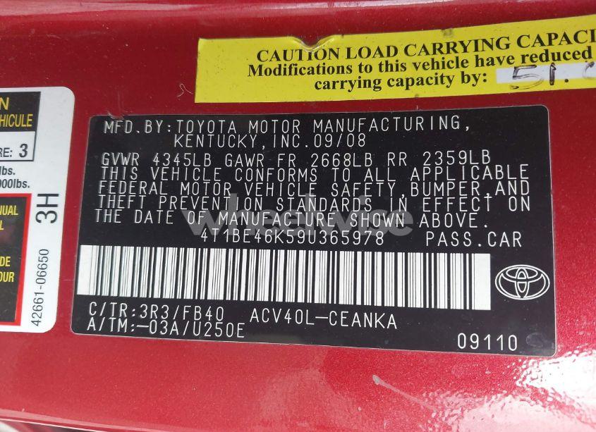 Photo 9 of 2009 Toyota Camry LE (VIN 4T1BE46K59U365978)