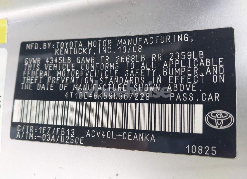 Photo 9 of 2009 Toyota Camry LE (VIN 4T1BE46K59U367228)