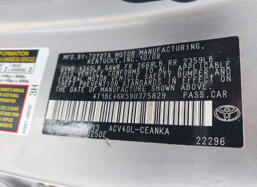 Photo 9 of 2009 Toyota Camry LE (VIN 4T1BE46K59U375829)