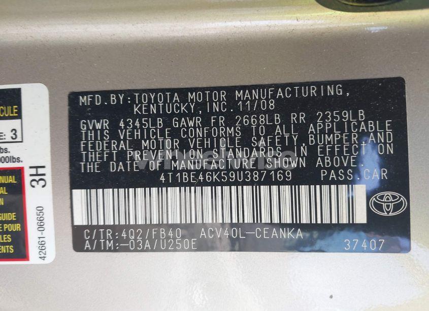 Photo 9 of 2009 Toyota Camry LE (VIN 4T1BE46K59U387169)