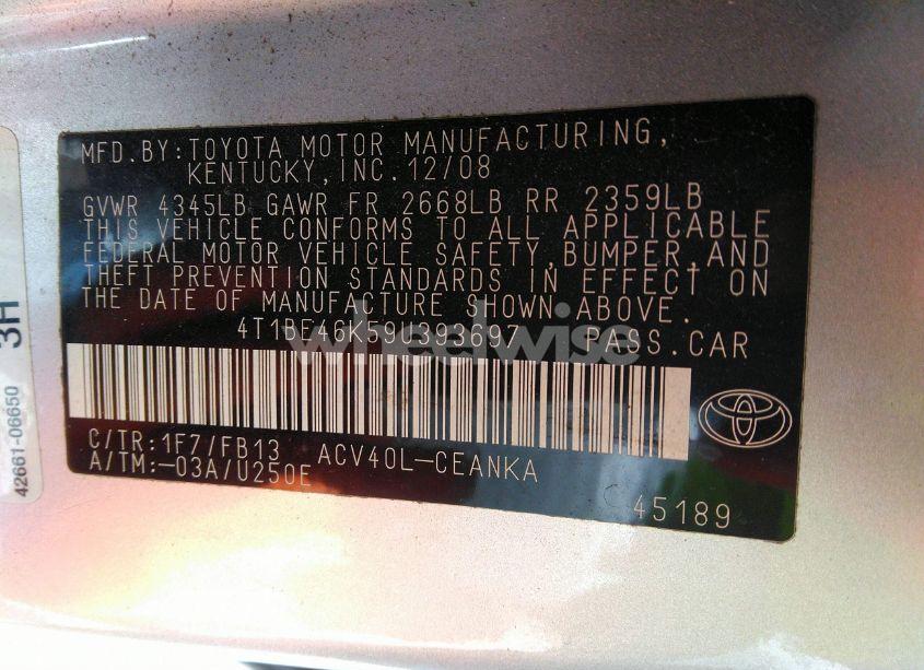 Photo 9 of 2009 Toyota Camry (VIN 4T1BE46K59U393697)