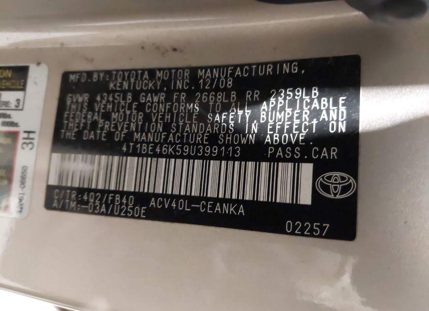 Photo 9 of 2009 Toyota Camry (VIN 4T1BE46K59U399113)