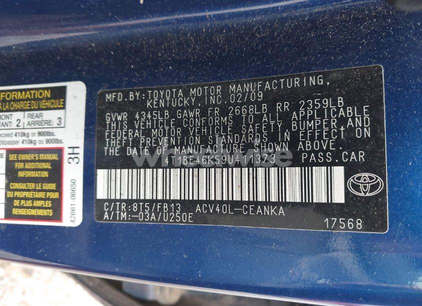 Photo 9 of 2009 Toyota Camry LE (VIN 4T1BE46K59U411373)