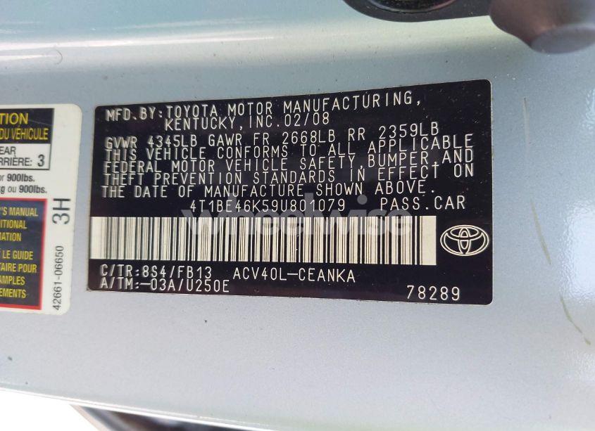 Photo 9 of 2009 Toyota Camry LE (VIN 4T1BE46K59U801079)