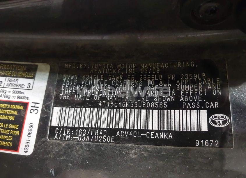Photo 9 of 2009 Toyota Camry LE (VIN 4T1BE46K59U808565)