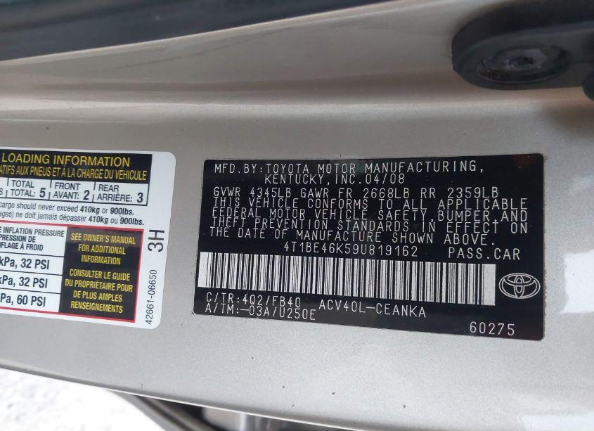 Photo 9 of 2009 Toyota Camry LE (VIN 4T1BE46K59U819162)