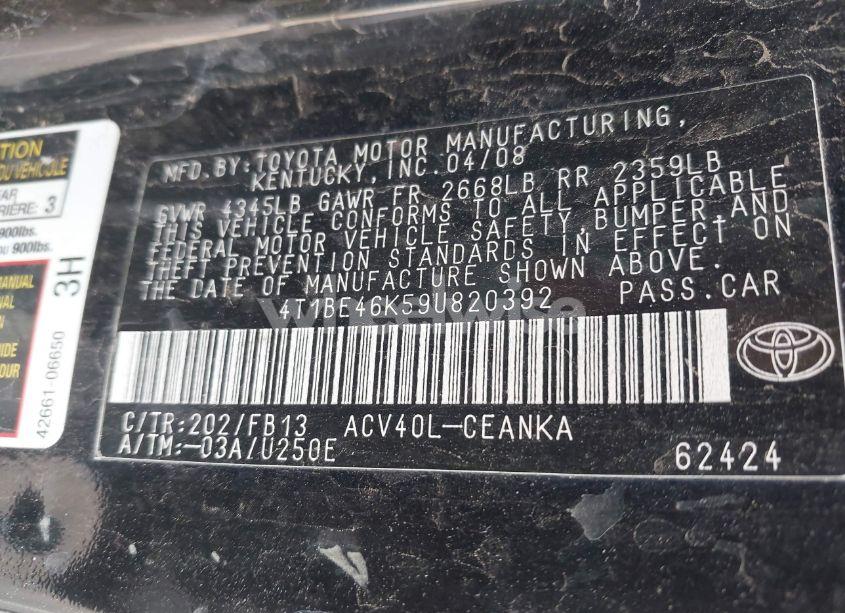 Photo 9 of 2009 Toyota Camry LE (VIN 4T1BE46K59U820392)