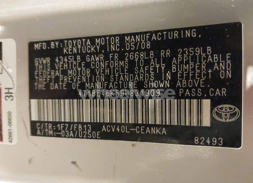 Photo 9 of 2009 Toyota Camry LE (VIN 4T1BE46K59U831909)