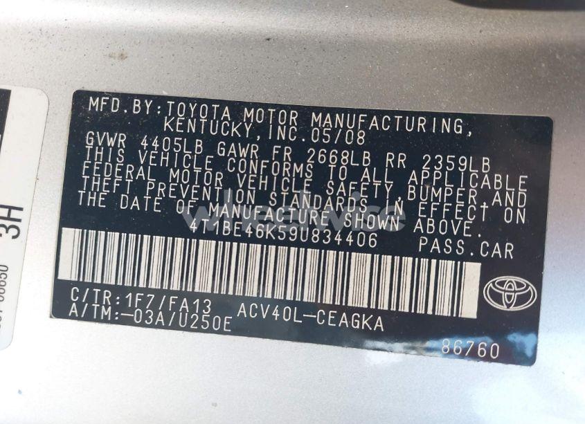 Photo 9 of 2009 Toyota Camry XLE (VIN 4T1BE46K59U834406)