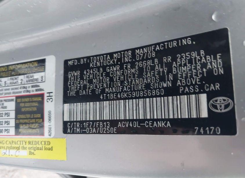 Photo 9 of 2009 Toyota Camry LE (VIN 4T1BE46K59U856860)