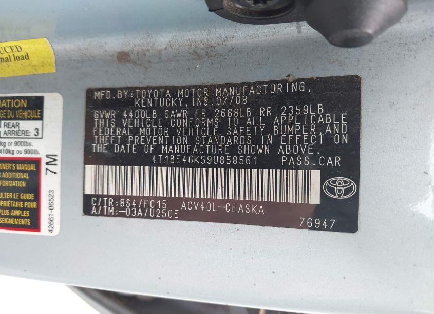 Photo 9 of 2009 Toyota Camry SE (VIN 4T1BE46K59U858561)