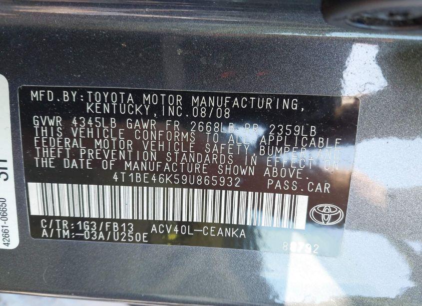 Photo 9 of 2009 Toyota Camry LE (VIN 4T1BE46K59U865932)