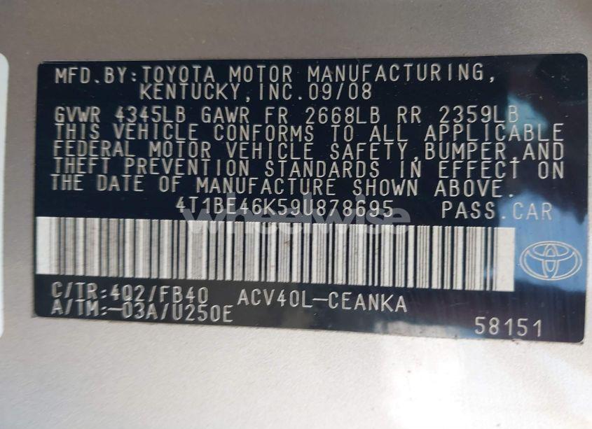 Photo 9 of 2009 Toyota Camry (VIN 4T1BE46K59U878695)