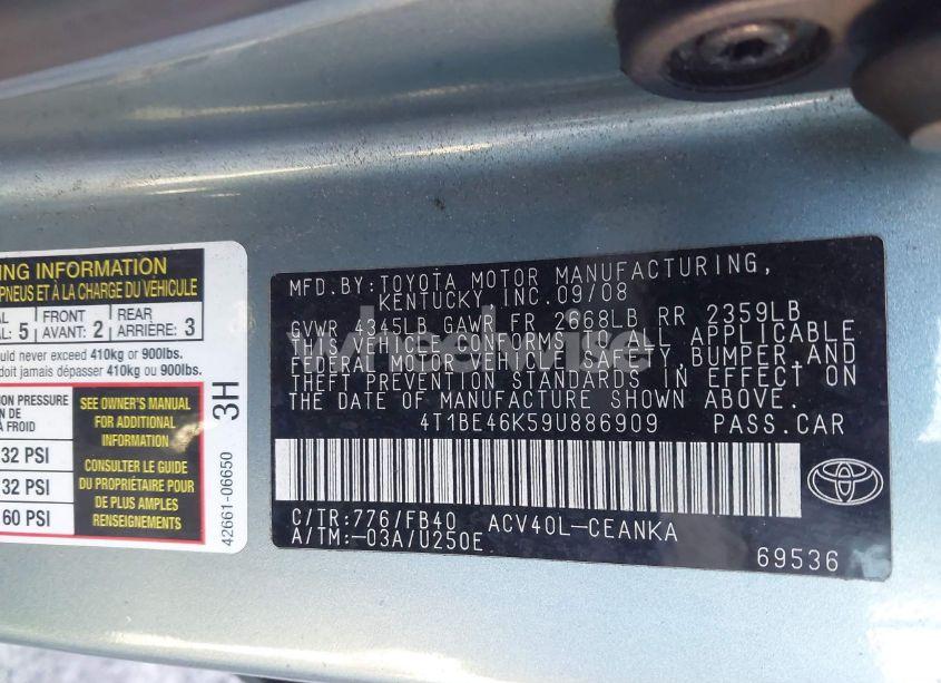 Photo 9 of 2009 Toyota Camry LE (VIN 4T1BE46K59U886909)