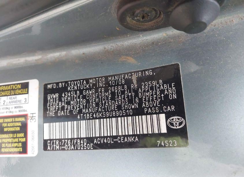 Photo 9 of 2009 Toyota Camry LE (VIN 4T1BE46K59U890510)