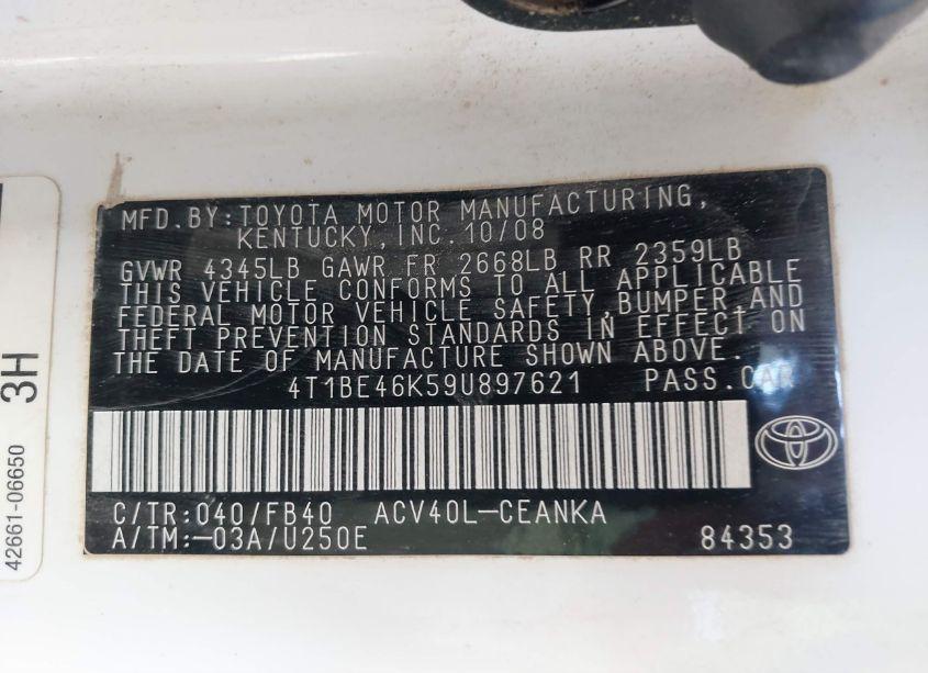 Photo 9 of 2009 Toyota Camry LE (VIN 4T1BE46K59U897621)