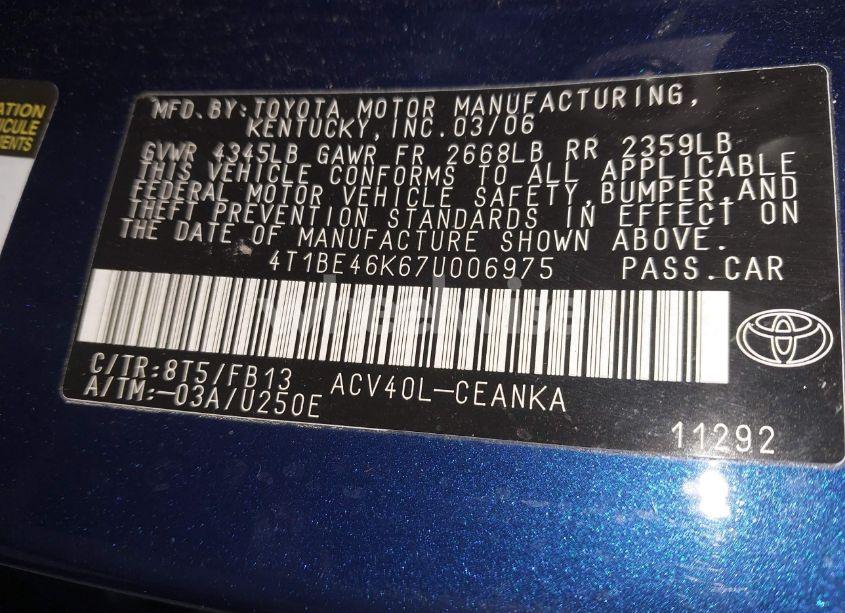 Photo 9 of 2007 Toyota Camry LE (VIN 4T1BE46K67U006975)