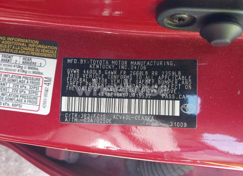 Photo 9 of 2007 Toyota Camry SE (VIN 4T1BE46K67U015532)