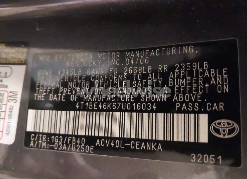 Photo 9 of 2007 Toyota Camry LE (VIN 4T1BE46K67U016034)