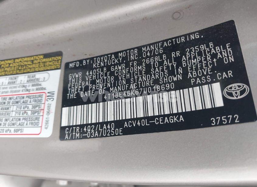 Photo 9 of 2007 Toyota Camry XLE (VIN 4T1BE46K67U018690)