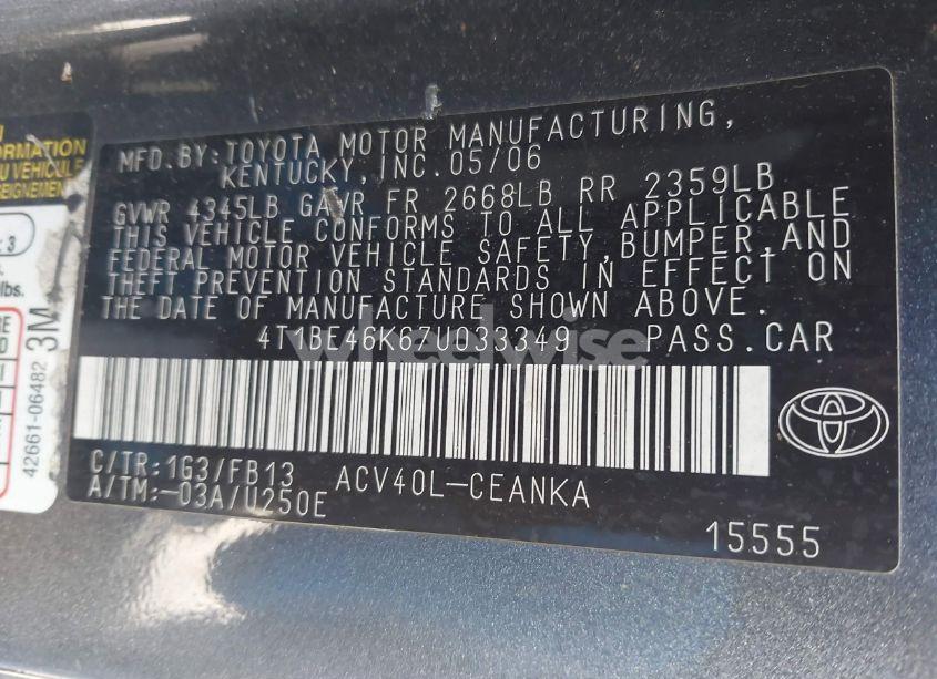 Photo 9 of 2007 Toyota Camry LE (VIN 4T1BE46K67U033349)