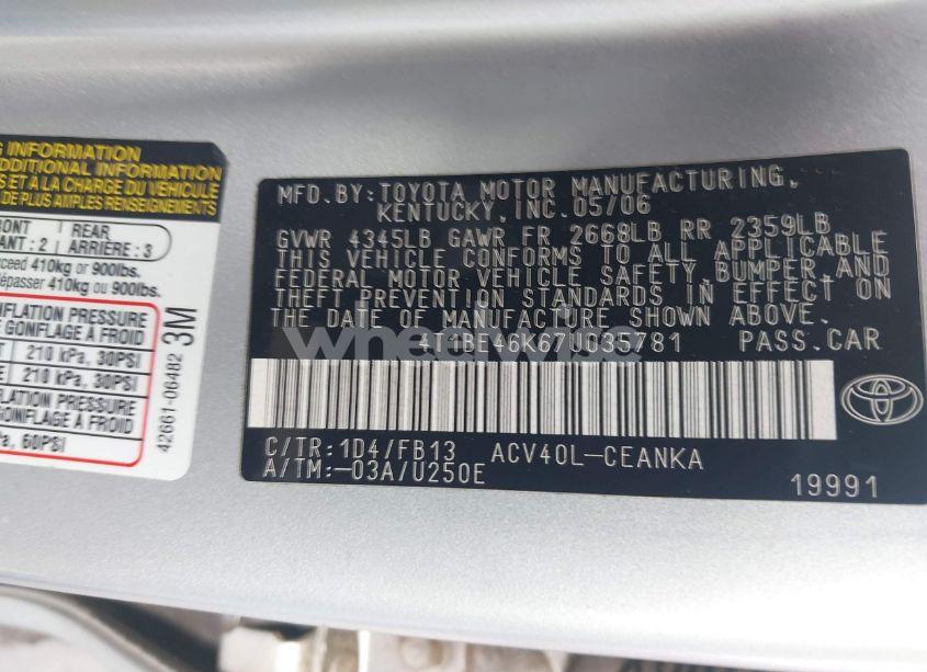 Photo 9 of 2007 Toyota Camry CE (VIN 4T1BE46K67U035781)