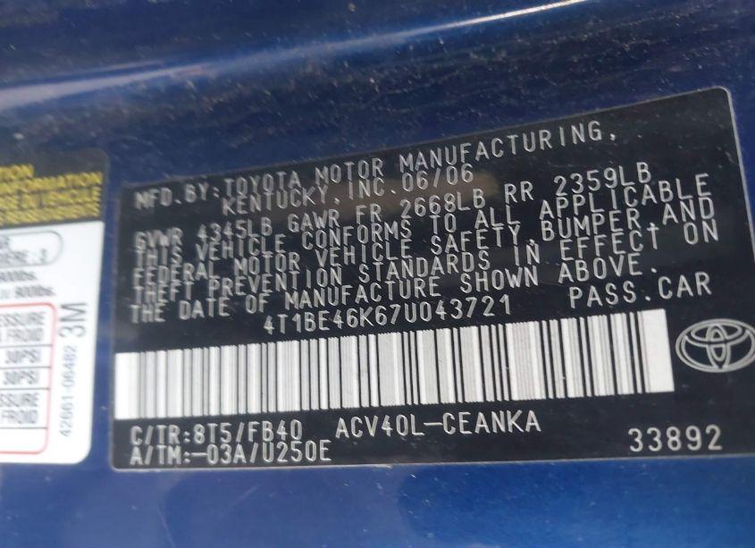 Photo 9 of 2007 Toyota Camry LE (VIN 4T1BE46K67U043721)