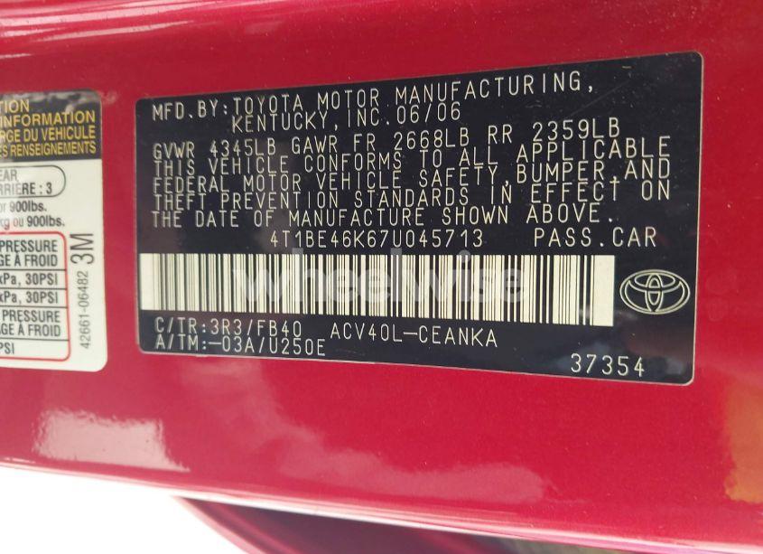 Photo 9 of 2007 Toyota Camry LE (VIN 4T1BE46K67U045713)