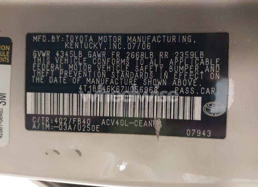 Photo 9 of 2007 Toyota Camry LE (VIN 4T1BE46K67U056968)