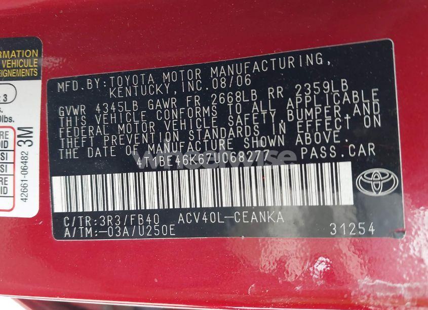 Photo 9 of 2007 Toyota Camry LE (VIN 4T1BE46K67U068277)