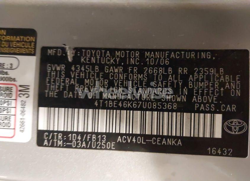 Photo 9 of 2007 Toyota Camry LE (VIN 4T1BE46K67U085368)