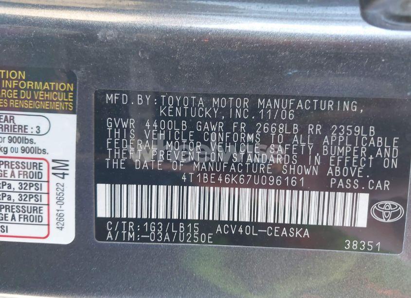 Photo 9 of 2007 Toyota Camry SE (VIN 4T1BE46K67U096161)