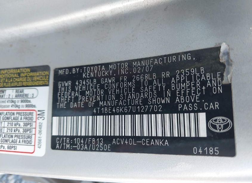 Photo 9 of 2007 Toyota Camry LE (VIN 4T1BE46K67U127702)