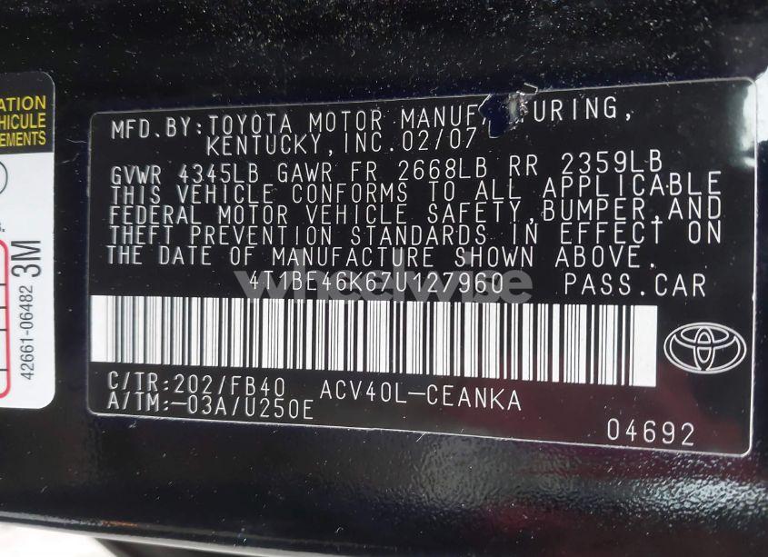 Photo 9 of 2007 Toyota Camry CE (VIN 4T1BE46K67U127960)