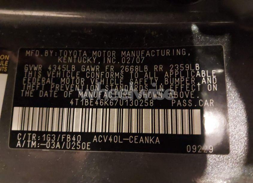 Photo 9 of 2007 Toyota Camry LE (VIN 4T1BE46K67U130258)