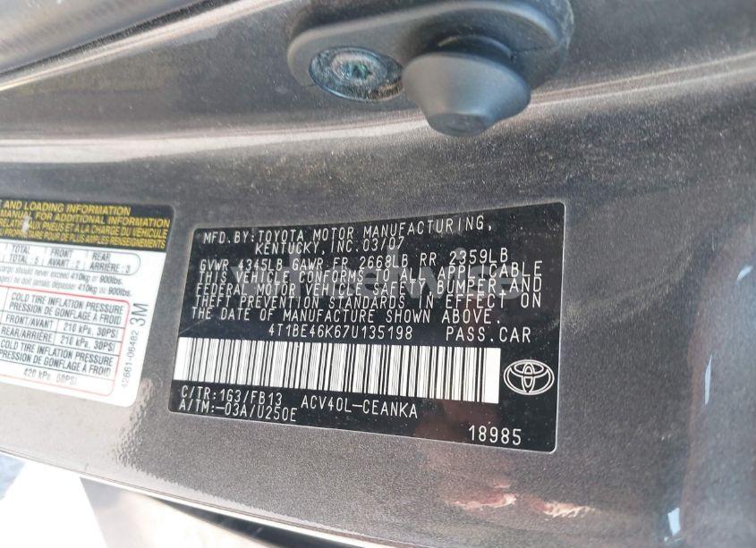 Photo 9 of 2007 Toyota Camry LE (VIN 4T1BE46K67U135198)