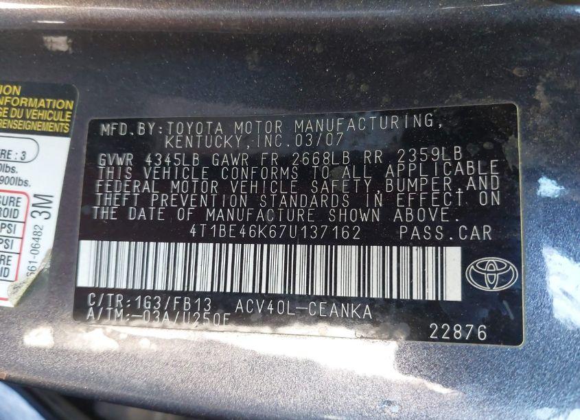 Photo 9 of 2007 Toyota Camry LE (VIN 4T1BE46K67U137162)