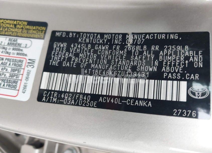 Photo 9 of 2007 Toyota Camry CE (VIN 4T1BE46K67U139431)