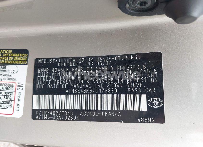 Photo 9 of 2007 Toyota Camry LE (VIN 4T1BE46K67U178830)